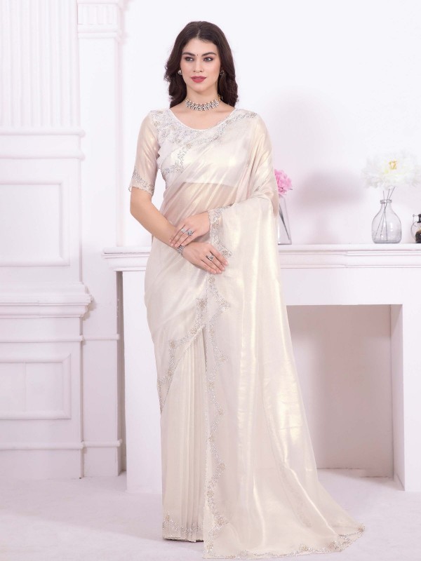 White Raina Net Coating Saree